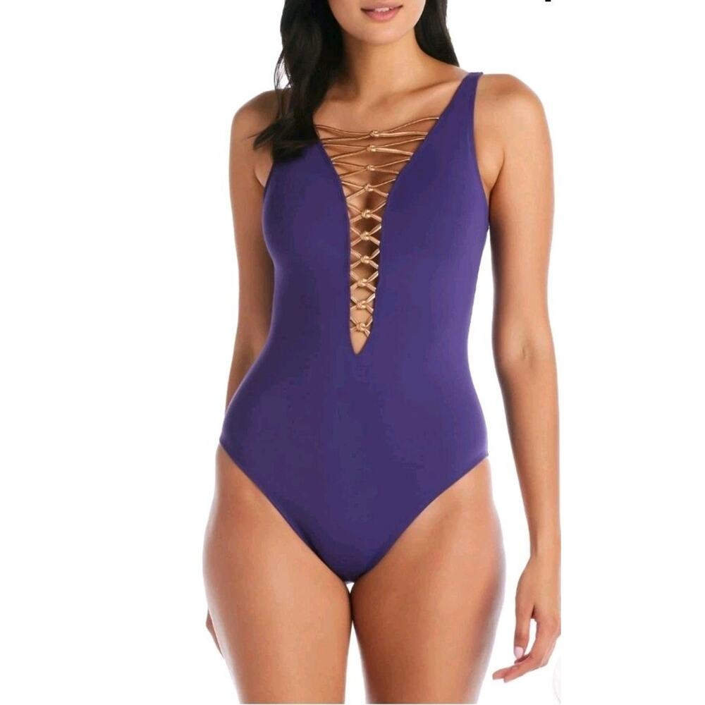 Corset Let's Get Knotty Corset 1 Piece Swimsuit Purple Spandex Tummy Control 12